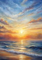 Obraz premium Watercolor painting of a sunset over the ocean with gentle waves and a colorful sky, evoking tranquility. 