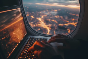 Naklejka premium Hand on laptop being seen through an airplane window, black and gold theme colors