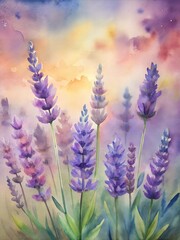 Obraz premium Dreamy watercolor painting of lavender flowers in shades of purple with green stems and leaves, set against a soft, colorful background, evoking a sense of tranquility and beauty. 
