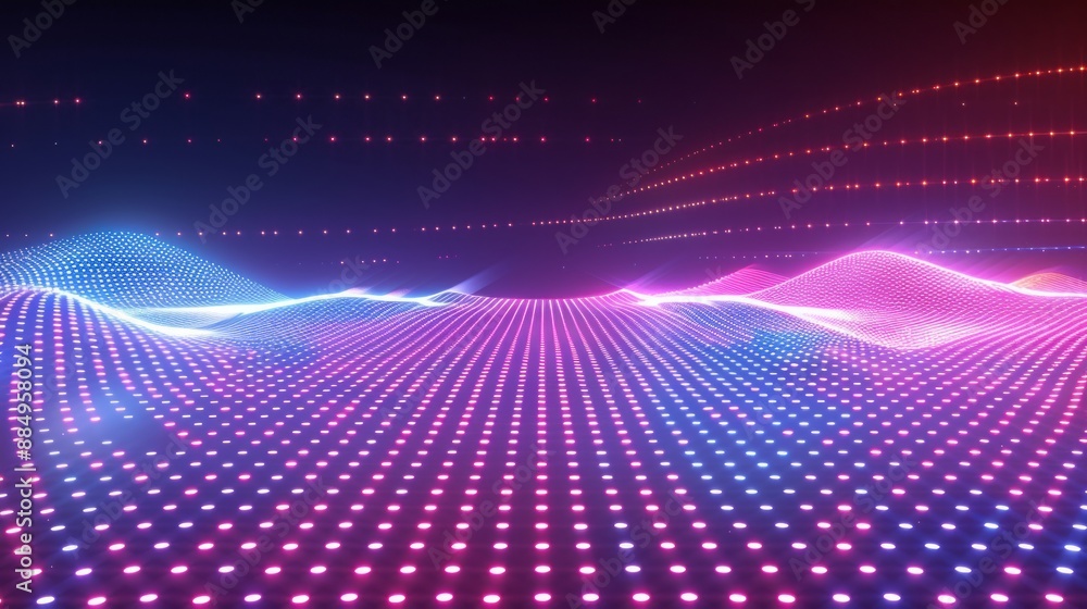 Poster abstract futuristic technology network wave lines grid surface on neon glowing background
