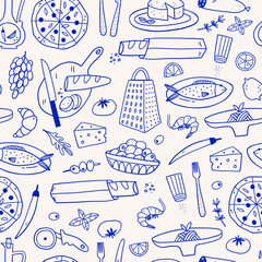 Mediterranean Cuisine Seamless Pattern. Hand Drawn Food Background for Menu design.