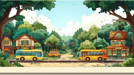  Blank white page with colorful cartoon transportation icons around the border, theme background for travel club flyer, cute children's, buses and trains