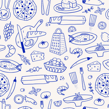 Mediterranean Cuisine Seamless Pattern. Hand Drawn Food Background for Menu design.
