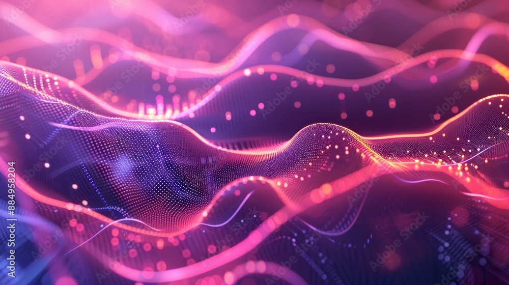 Poster abstract futuristic technology network wave lines grid surface on neon glowing background