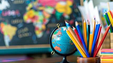 Innovative bilingual education classroom scene with diverse students engaging in language immersion activities, ESL teachers guiding foreign language learning, promoting multicultural understanding an