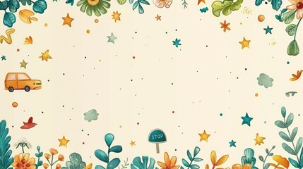  Blank white page with colorful cartoon vehicles and traffic signs around the border, theme background for driver's ed, cute children's, cars and stop signs