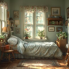 Interior of modern bedroom with white bed and alarm clock on bedside table, bedroom, interior, bed, room