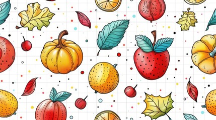  Cute cartoon autumn pattern, with colorful icons of leaves and pumpkins scattered, lined in a white grid, reminiscent of a fall scrapbook