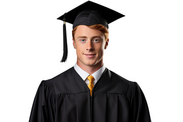Handsome young ginger man in graduation cap and gown isolated on transparent background ideal for education and achievement concepts