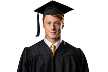 Handsome young ginger man in graduation cap and gown isolated on transparent background ideal for education and achievement concepts