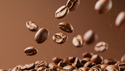 Obraz premium Roasted coffee beans falling on heap against brown background, closeup