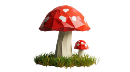 Mushrooms, big and small on patch of grass, low poly, game asset, low polygonal geometric