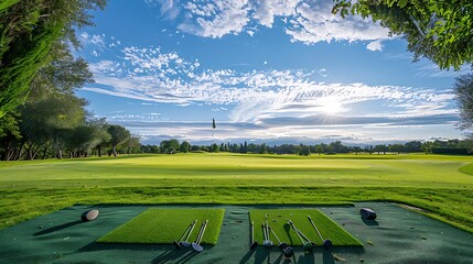 Golf practice range with golf clubs arranged on the grass and a distant view of the driving range