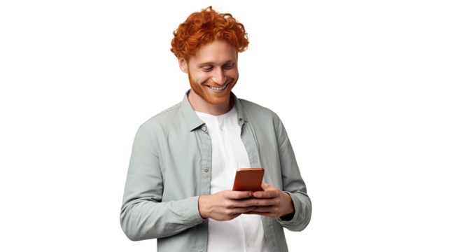 Handsome young ginger man holding a phone, isolated on transparent background - Powered by Adobe