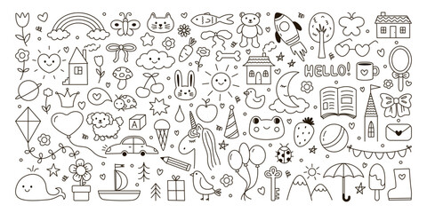 Set of hand drawn doodle illustrations in kids style. Cute child scribble. Simple line drawings of animals, rocket, car, planet, house, flowers. Outline childish icons background. Vector design