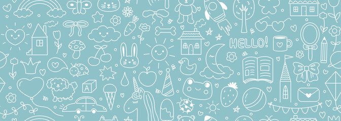 Obraz premium Seamless vector banner with hand drawn doodle illustrations in kids style. Cute child scribble on wide background. Pattern with simple line drawings of animals, rocket, car, planet, house, flowers