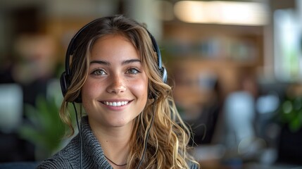 Smiling customer service representative wearing glasses and a headset in a modern office, ready to assist customers with inquiries.