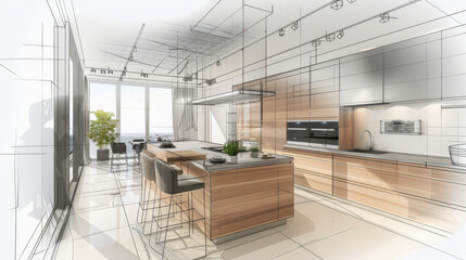 Naklejka premium Architectural design concept blending a modern kitchen layout with a detailed sketch. Features a spacious island and sleek appliances.