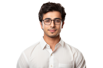 Handsome young Pakistani man with eyeglasses and shirt isolated on transparent background