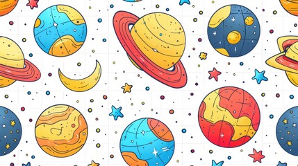 Naklejka premium Cute cartoon celestial pattern, with colorful icons of stars and moons scattered, lined in a white grid, reminiscent of a night sky map