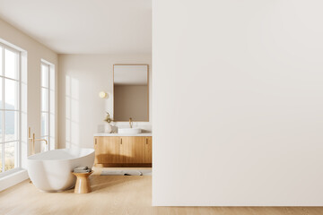 Elegant hotel bathroom interior with sink and bathtub, window. Mockup wall
