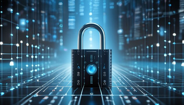 Internet-Netzwerksicherheitskonzept; schwarzes Schloss mit digitalem Code.