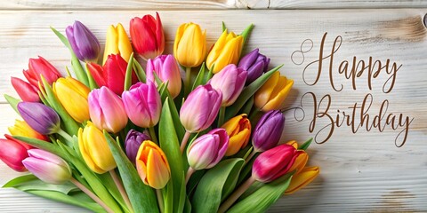 A festive birthday card featuring vibrant tulips and the message Happy Birthday in beautiful calligraphy.