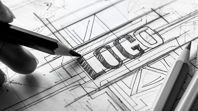 gros plan sur une main tenant un crayon &agrave; papier qui dessine un logo sur une feuille de papier