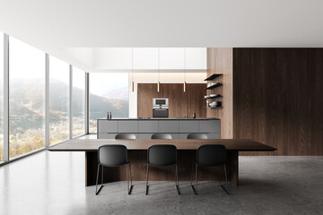 Wooden home kitchen interior with eating table, bar island, cabinet near window
