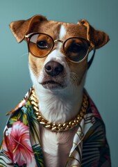 Photorealistic, miami style, Jack Russell Terrier, sunglasses, floral shirt, gold chain