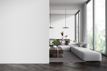 White home living room interior with rest and dining zone, window. Mockup wall