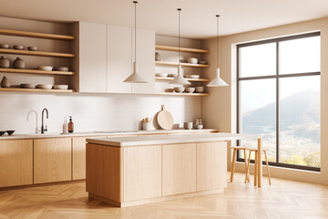 Wooden home kitchen interior with bar counter and panoramic window