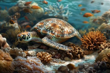 Obraz premium A dreamlike underwater scene of a green sea turtle resting peacefully on a bed of coral.