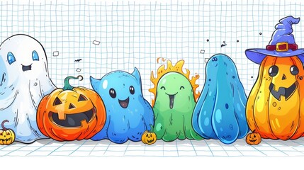 Fototapeta premium Cute cartoon Halloween pattern, with colorful icons of pumpkins and ghosts scattered, lined in a white grid, reminiscent of trick-or-treat bags