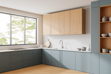 Luxury home kitchen interior with cooking cabinet and panoramic window