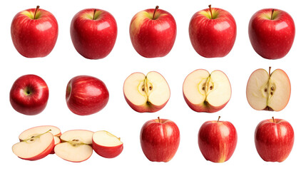 Various red apple views including sliced, halved, and whole from multiple angles isolated on transparent background, perfect for cutout PNG images