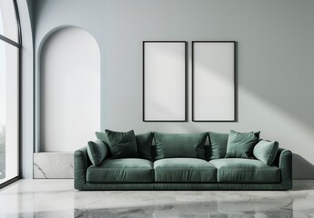 Fototapeta premium boho minimalist interior design living room with two vertical blank poster frames on the wall, marble furniture and neutral color palette, high resolution photography, insanely detailed