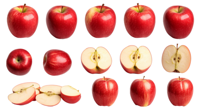 Various red apple views including sliced, halved, and whole from multiple angles isolated on transparent background, perfect for cutout PNG images