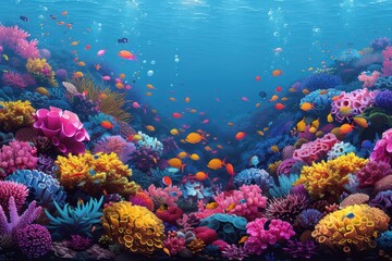 Naklejka premium A vibrant underwater scene with colorful coral reefs, schools of fish, and a scuba diver exploring the marine life.