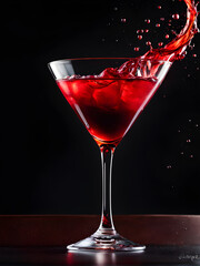 Red cocktail in martini glass with splashes on a black background