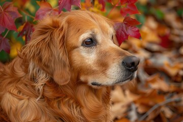 Golden retriever dog in autumn leaves with colorful foliage, showcasing the beauty of fall season. Close-up shot of the dog's face.