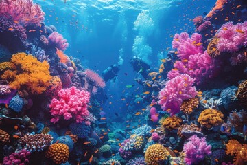 A vibrant underwater scene with colorful coral reefs, schools of fish, and a scuba diver exploring the marine life.