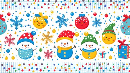  Cute cartoon holiday pattern, with colorful icons of snowflakes and presents scattered, lined in a white grid, reminiscent of wrapping paper