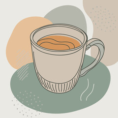 Cup of coffee, a branch with leaves and berries. Flat style isolated on white background. Hand drawn. Vector illustration.