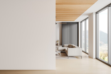 Stylish home living room interior with sofa, sideboard and window. Mockup wall