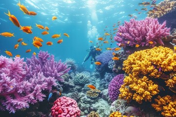 A vibrant underwater scene with colorful coral reefs, schools of fish, and a scuba diver exploring the marine life.