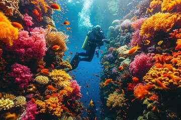 A vibrant underwater scene with colorful coral reefs, schools of fish, and a scuba diver exploring the marine life.