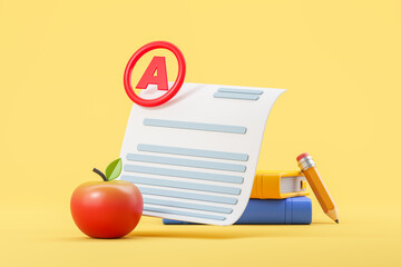 School assessment with A grade, books and apple on colored background