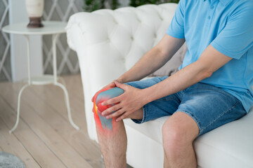 Knee pain, joint inflammation, arthritis and degenerative changes, man suffering from leg ache and...