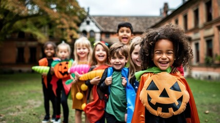 Fototapeta premium Kids in Hilarious Halloween Costumes at a Fun Party.